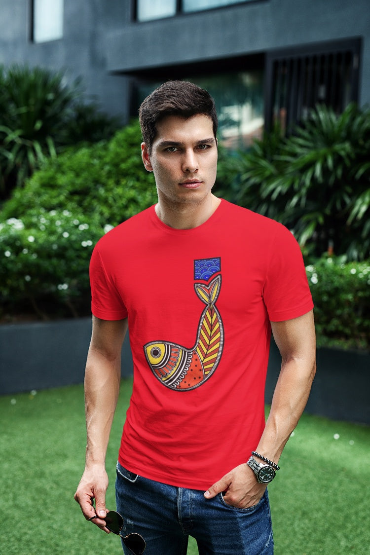 Single Fish Motif Madhubani Art T-Shirt for Men