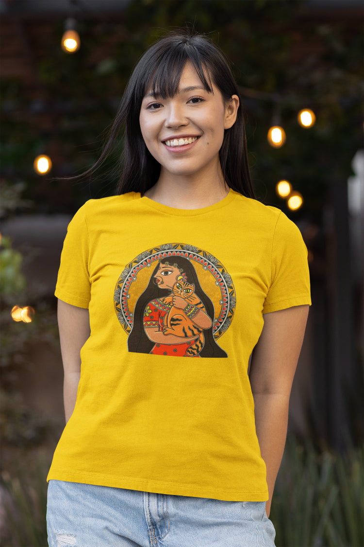 Woman With Cat Madhubani Art T-Shirt For Women