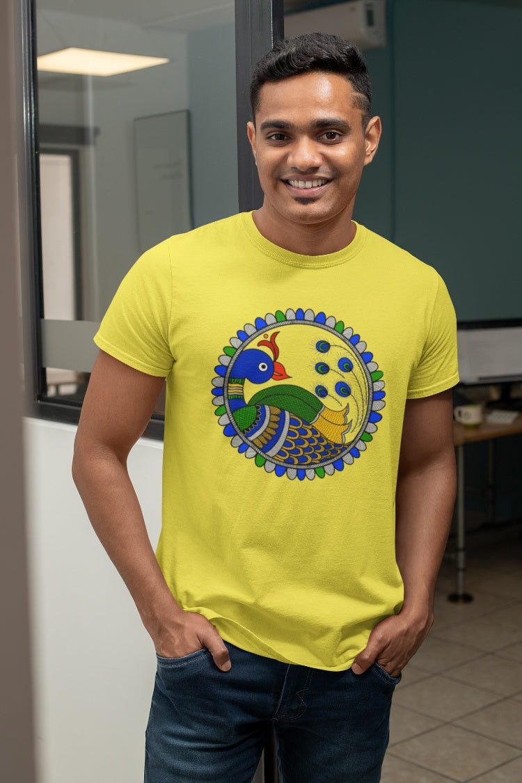Blue Peacock Motif Madhubani Art T-Shirt For Men