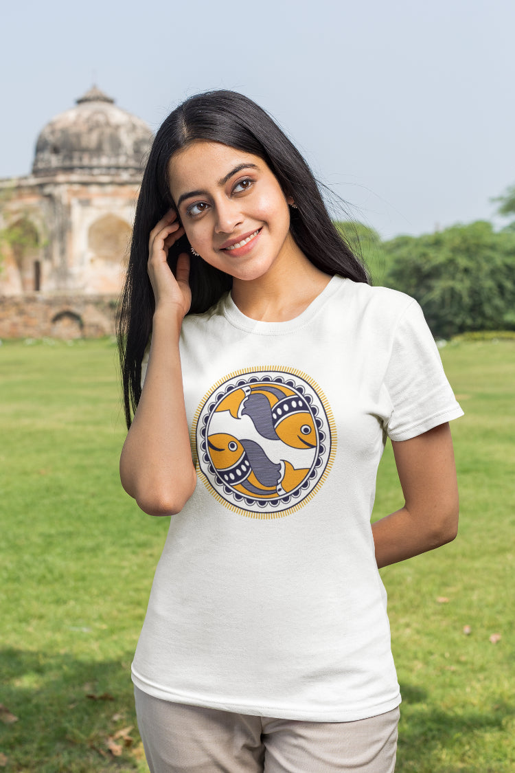 Madhubani Fish Design T-Shirt for Women