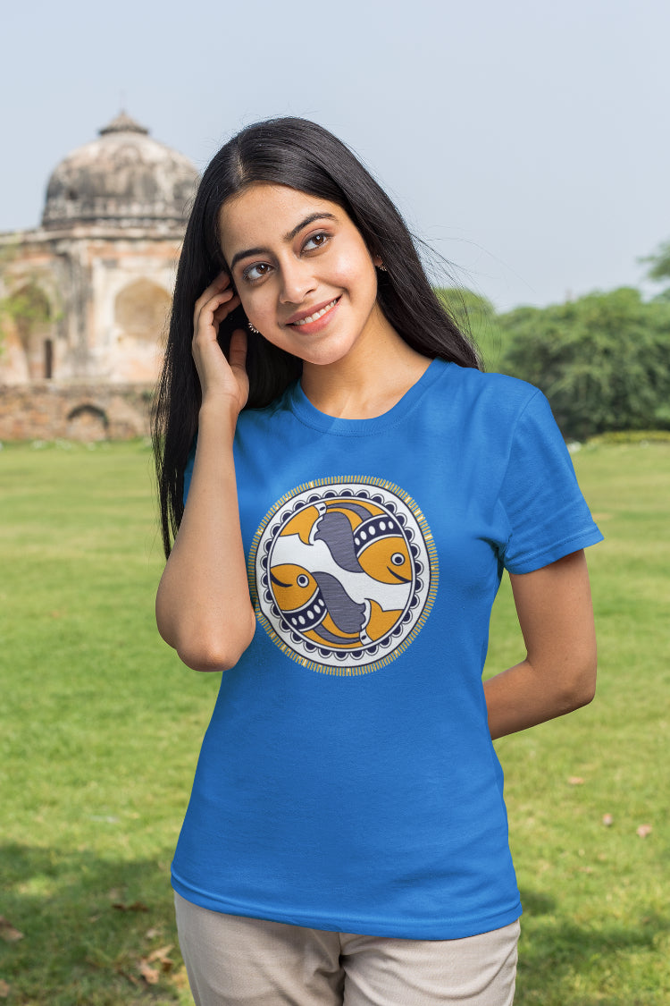 Madhubani Fish Design T-Shirt for Women
