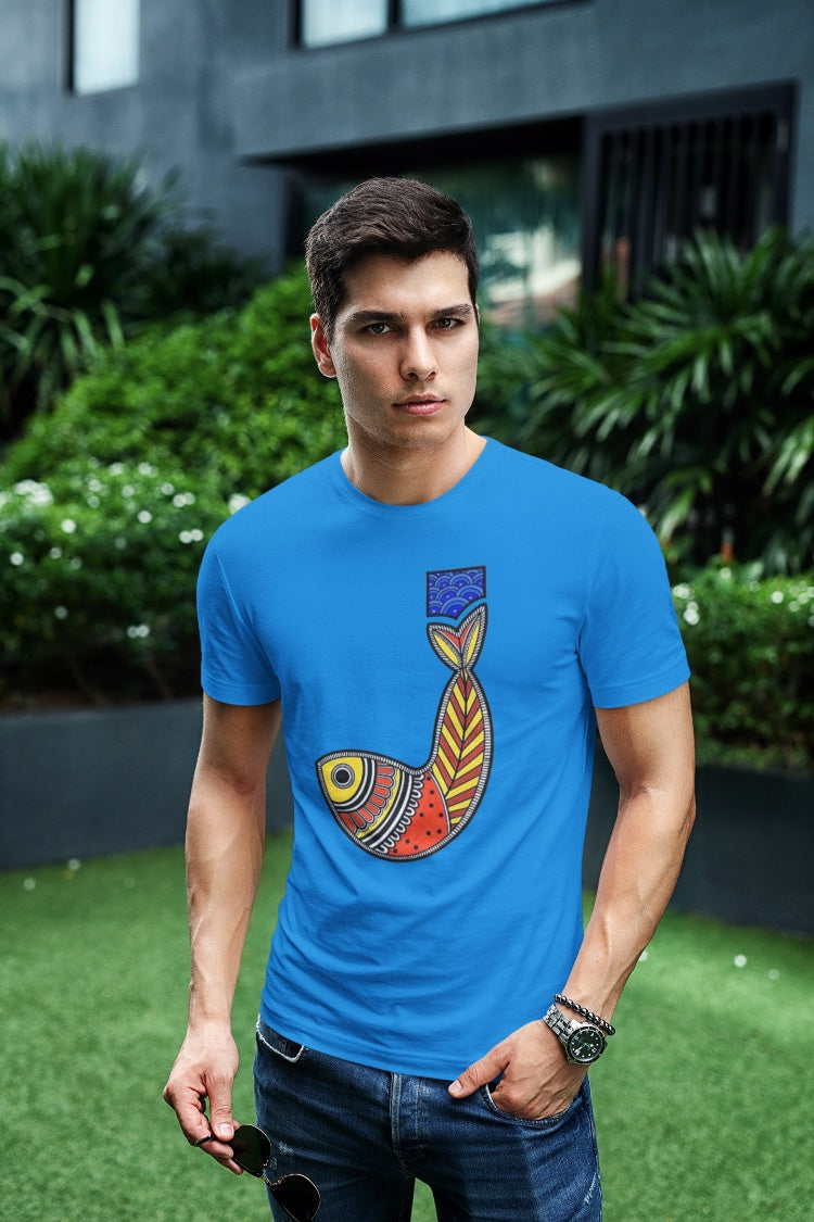 Single Fish Motif Madhubani Art T-Shirt for Men