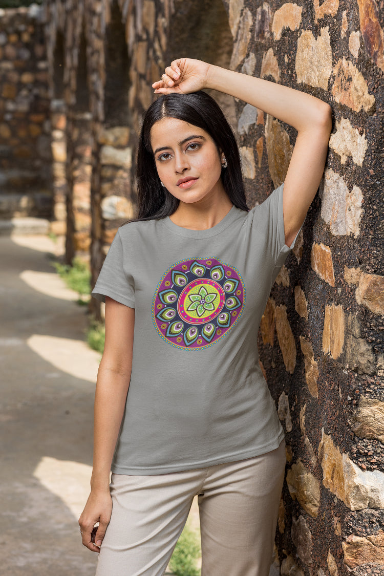 Flower Motif Madhubani Art T-Shirt For Women