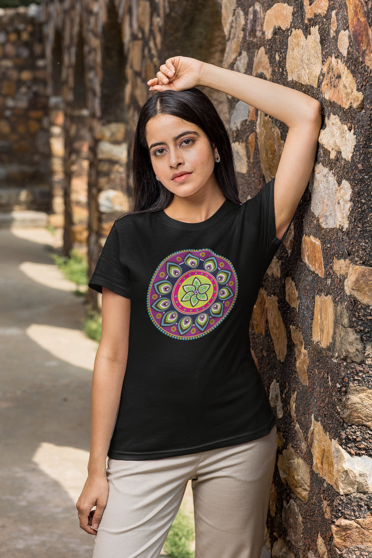 Flower Motif Madhubani Art T-Shirt For Women