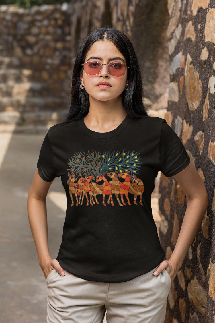 Deer Motif Madhubani Art T-Shirt For Women