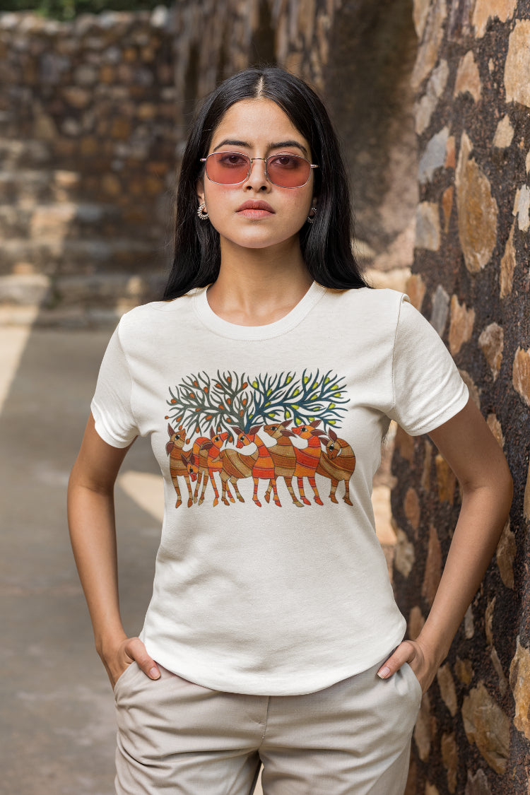 Deer Motif Madhubani Art T-Shirt For Women