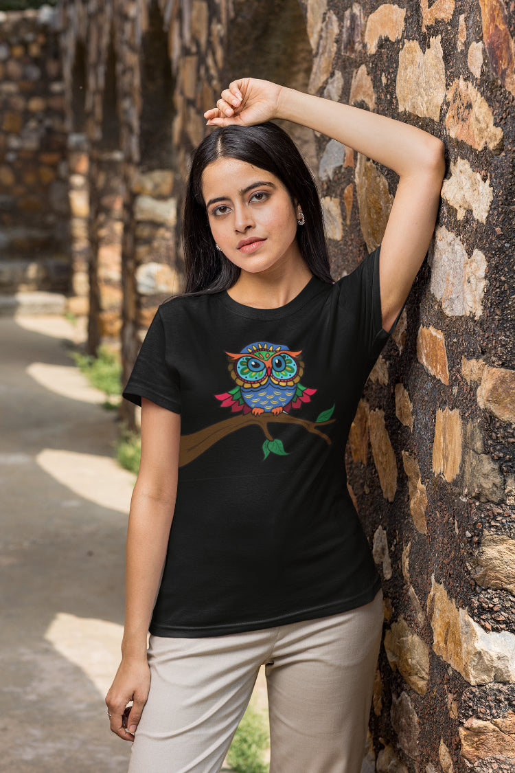 Owl Motif Madhubani Art T-Shirt For Women