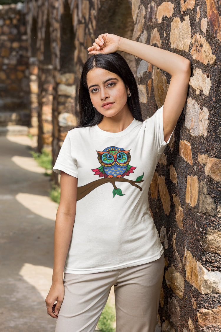 Owl Motif Madhubani Art T-Shirt For Women