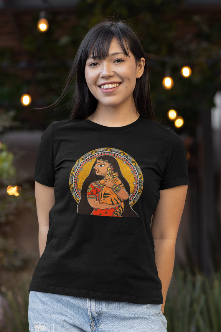 Woman With Cat Madhubani Art T-Shirt For Women