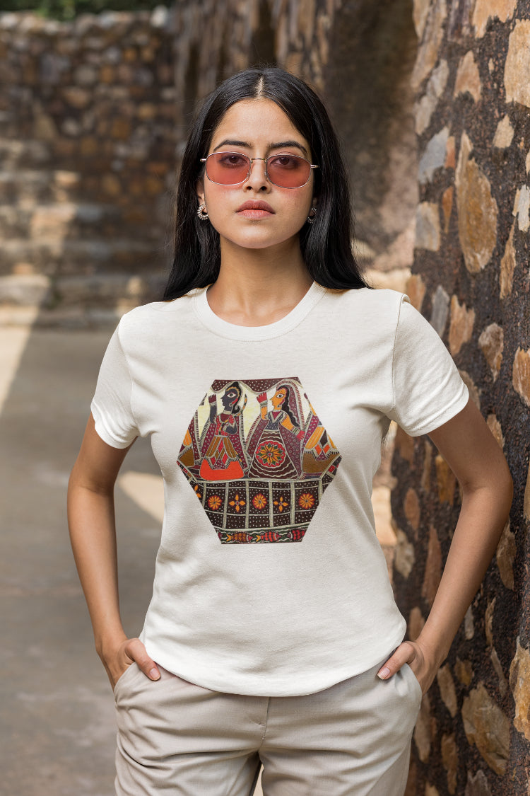 Radha Krishna Motif Madhubani Art T-Shirt For Women