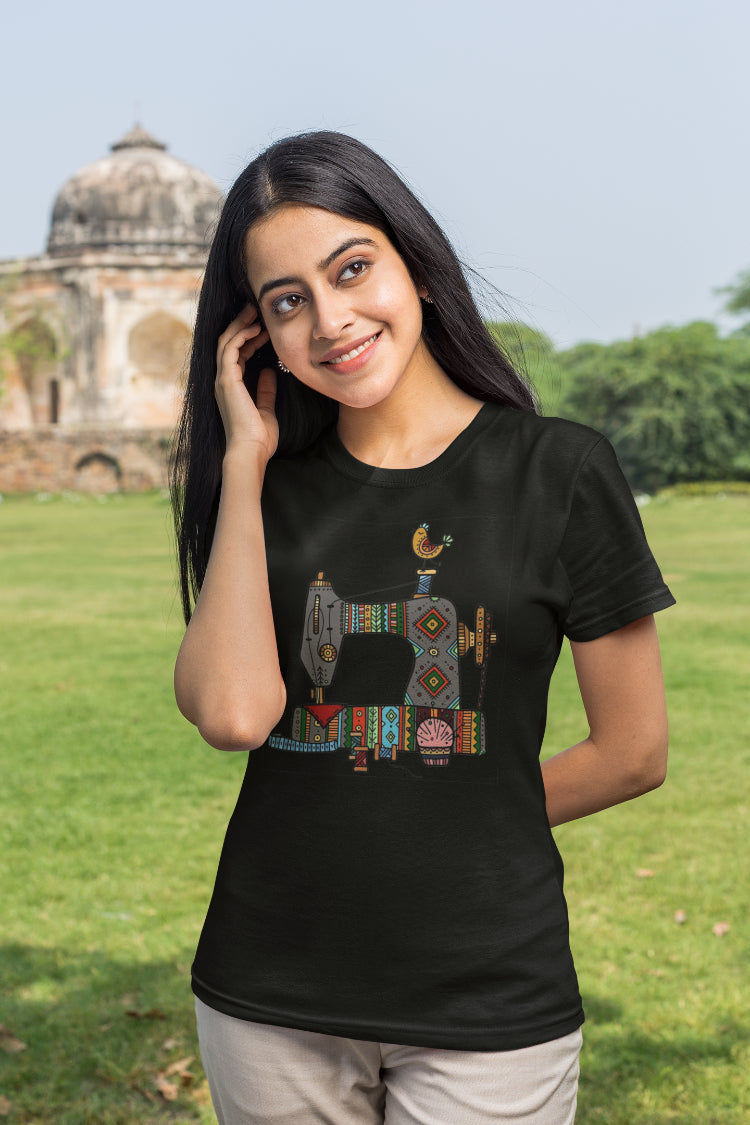 Sewing Machine Madhubani Art T-Shirt For Women