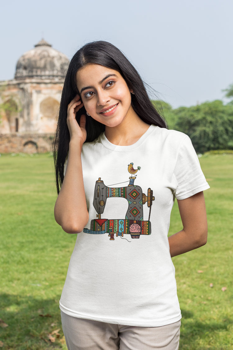 Sewing Machine Madhubani Art T-Shirt For Women